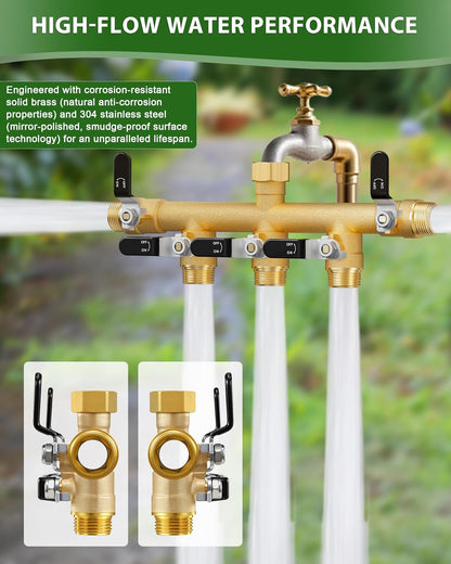 Hose Splitter 2 Way, Heavy Duty Brass Garden Hose Splitter, Water Hose Bib Spigot Splitter with 0.59" Full Flow Ball Valve Outlet & Shut-Off Valve 3/4'' Connector Outdoor Water Faucet Adapter