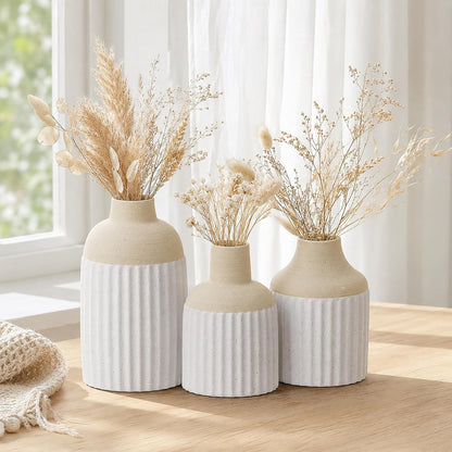 Beige Decorative Vase Set of 3 - Modern Boho Style Ribbed Ceramic Bud Vases for Flowers, Mini Small Vases for Shelf, Shelves, Bookshelf, Entryway Table & Home Decor Aesthetic (Beige White)