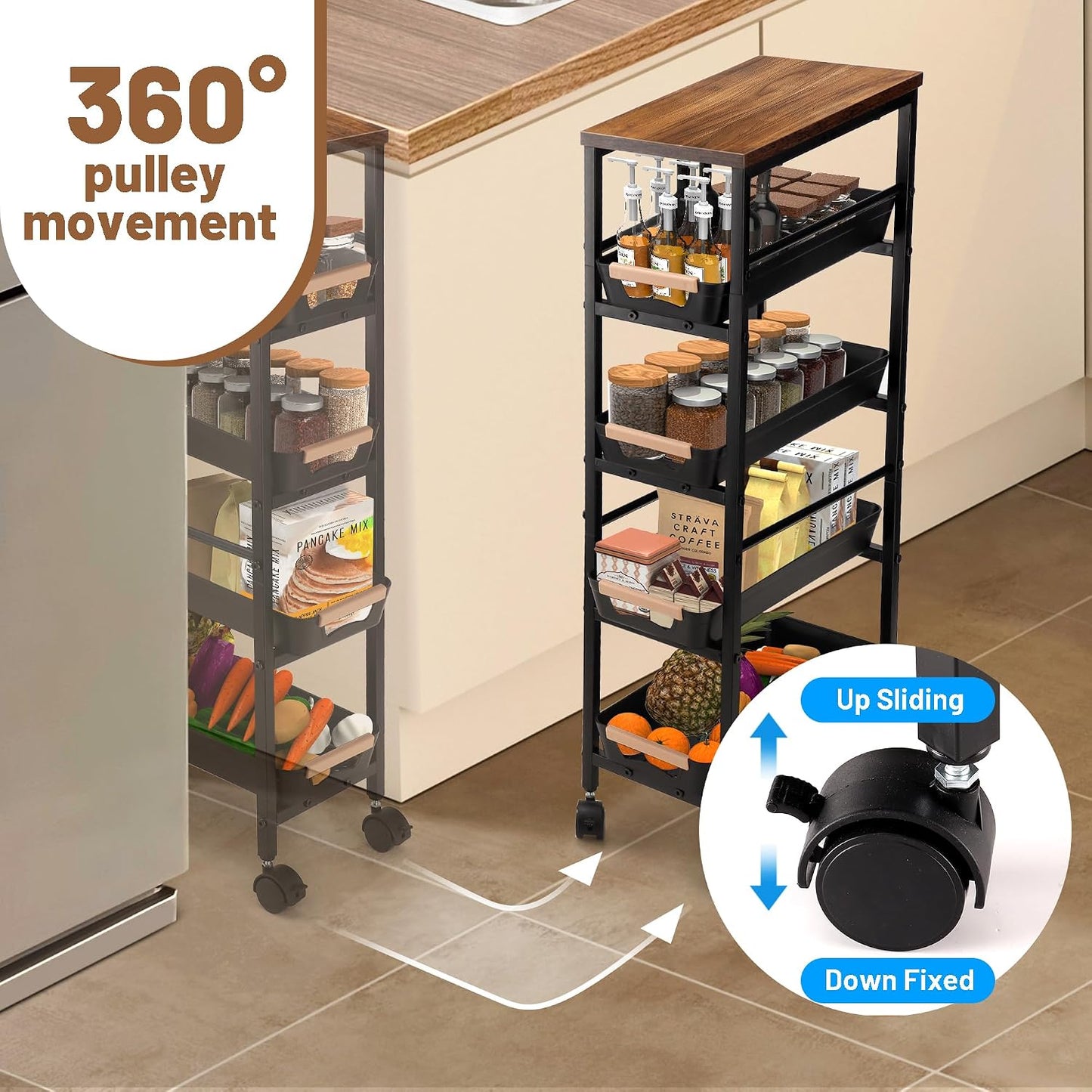 Slim Storage Cart, 5-Tier Narrow Rolling Kitchen Laundry Room Cart with Drawer and Wheels, Metal Utility Cart Slide Out Organizer for Small Spaces (White)