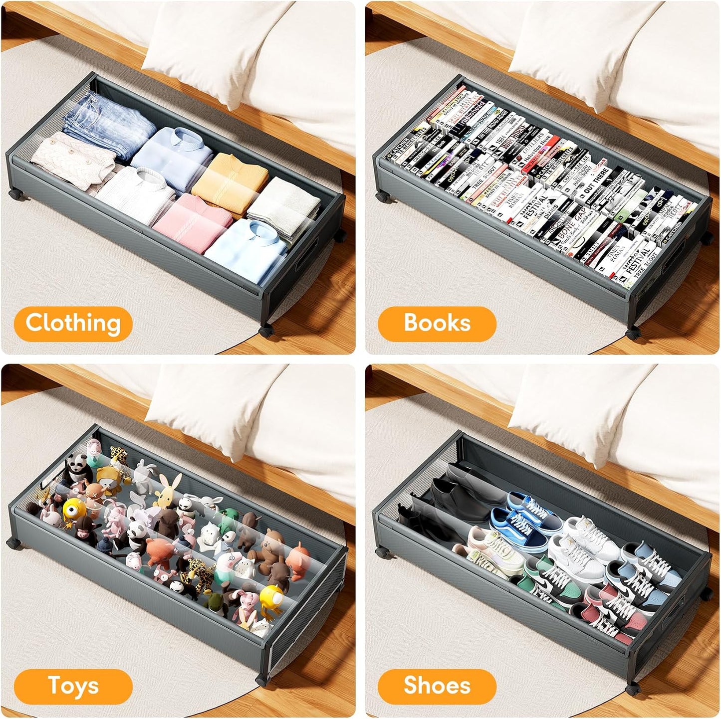 Under Bed Storage Containers with Wheels 2 Pack Underbed Shoe Storage Bedroom Storage Bins Organizer Large Capacity Under Bed Storage with Lid for Clothes Shoes Toys Blankets (Black)