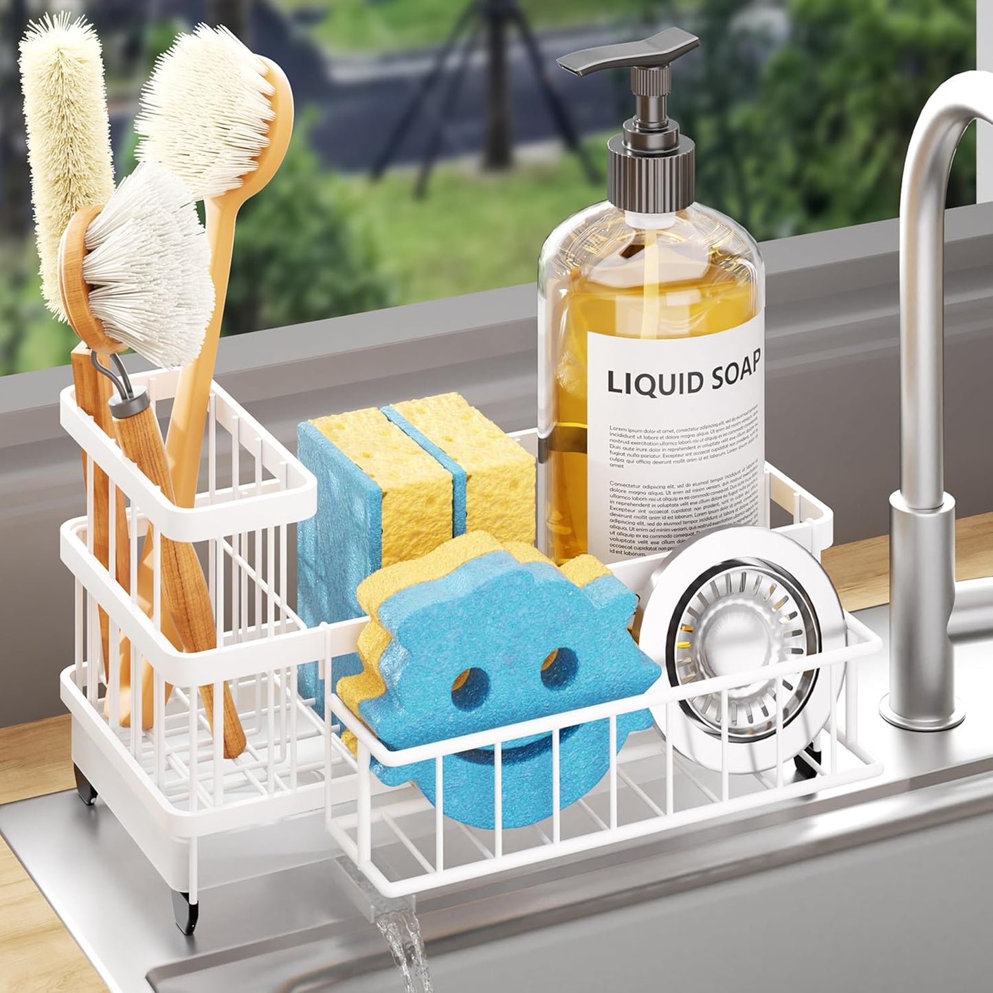 Consumest Sponge Holder for Kitchen Sink - Auto Draining Sink Caddy Organizer with Detachable Rack, High Brush Holder, Kitchen Countertop Storage Accessories, Black