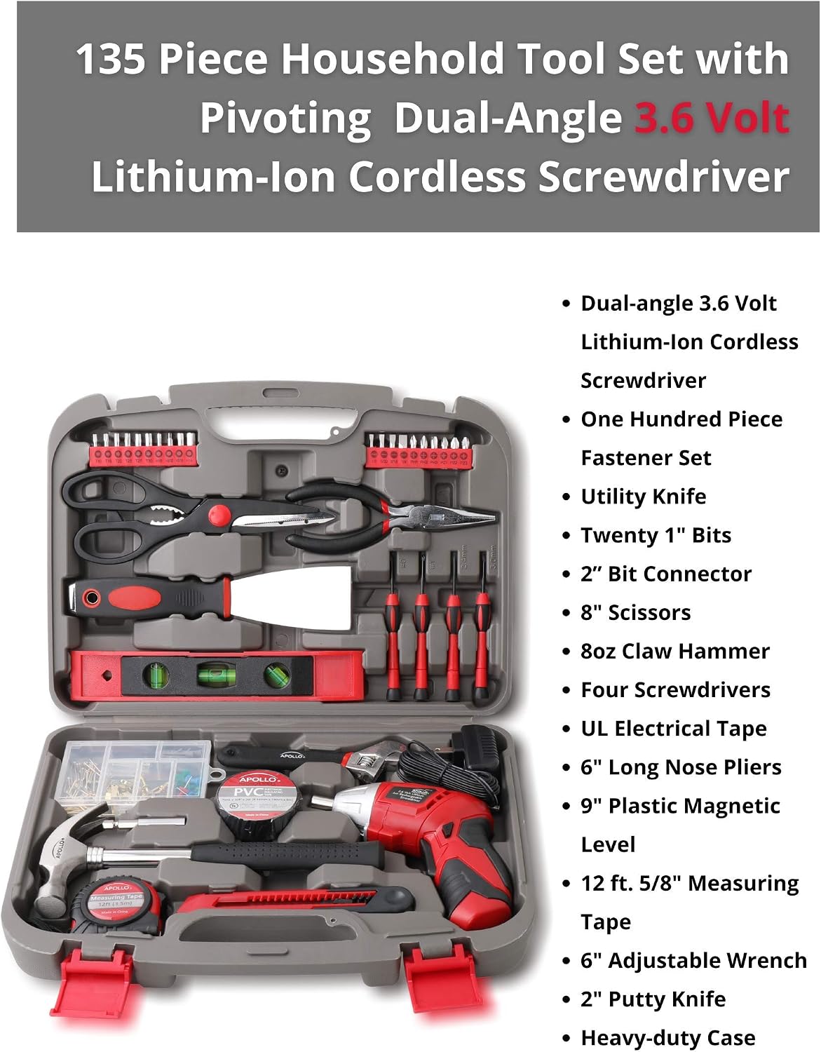 Apollo Tools Original 39 Piece General Household Tool Set in Toolbox Storage Case with Essential Hand Tools for Everyday Home Repairs, DIY and Crafts Red/Black - DT9706