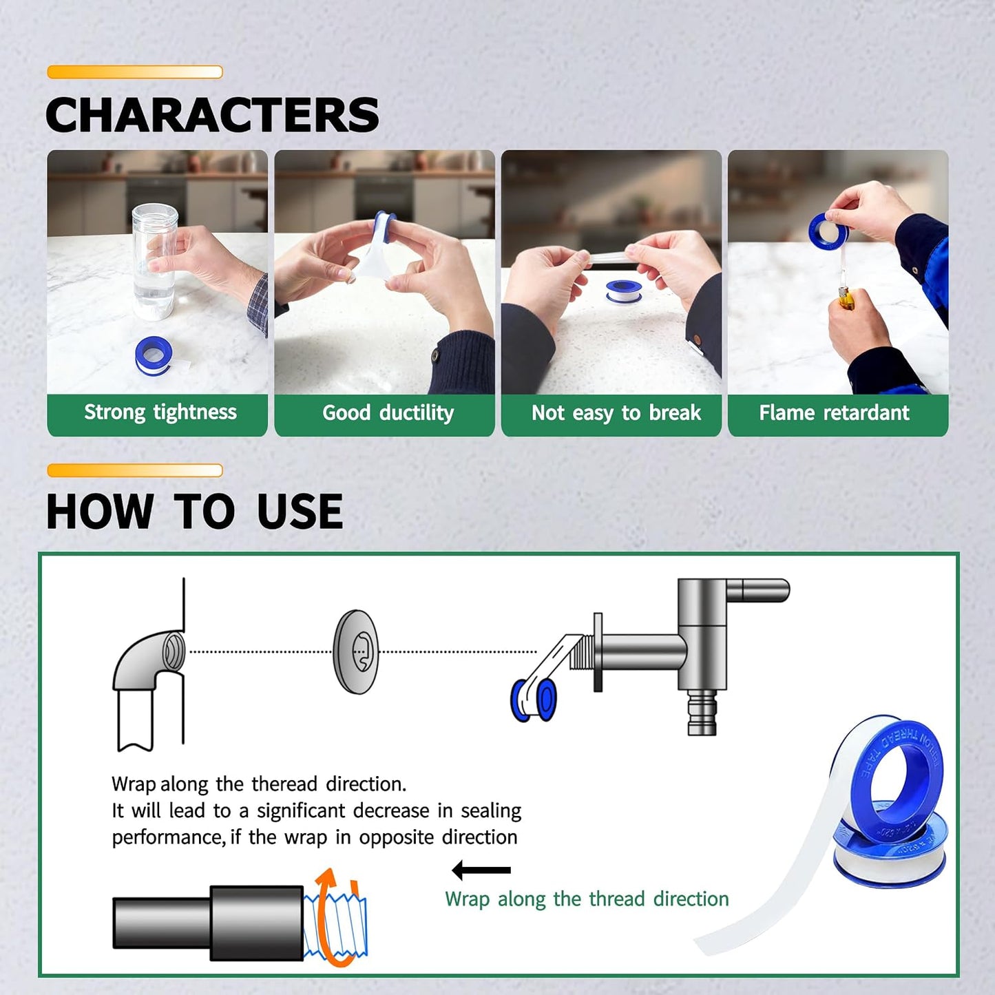 4 Rolls 1/2 Inch(W) X 520 Inches(L) Teflon Tape PTFE Thread Sealant Plumbers Tape for Seal Water Pipe, Shower Head,Prevent Leakage, White