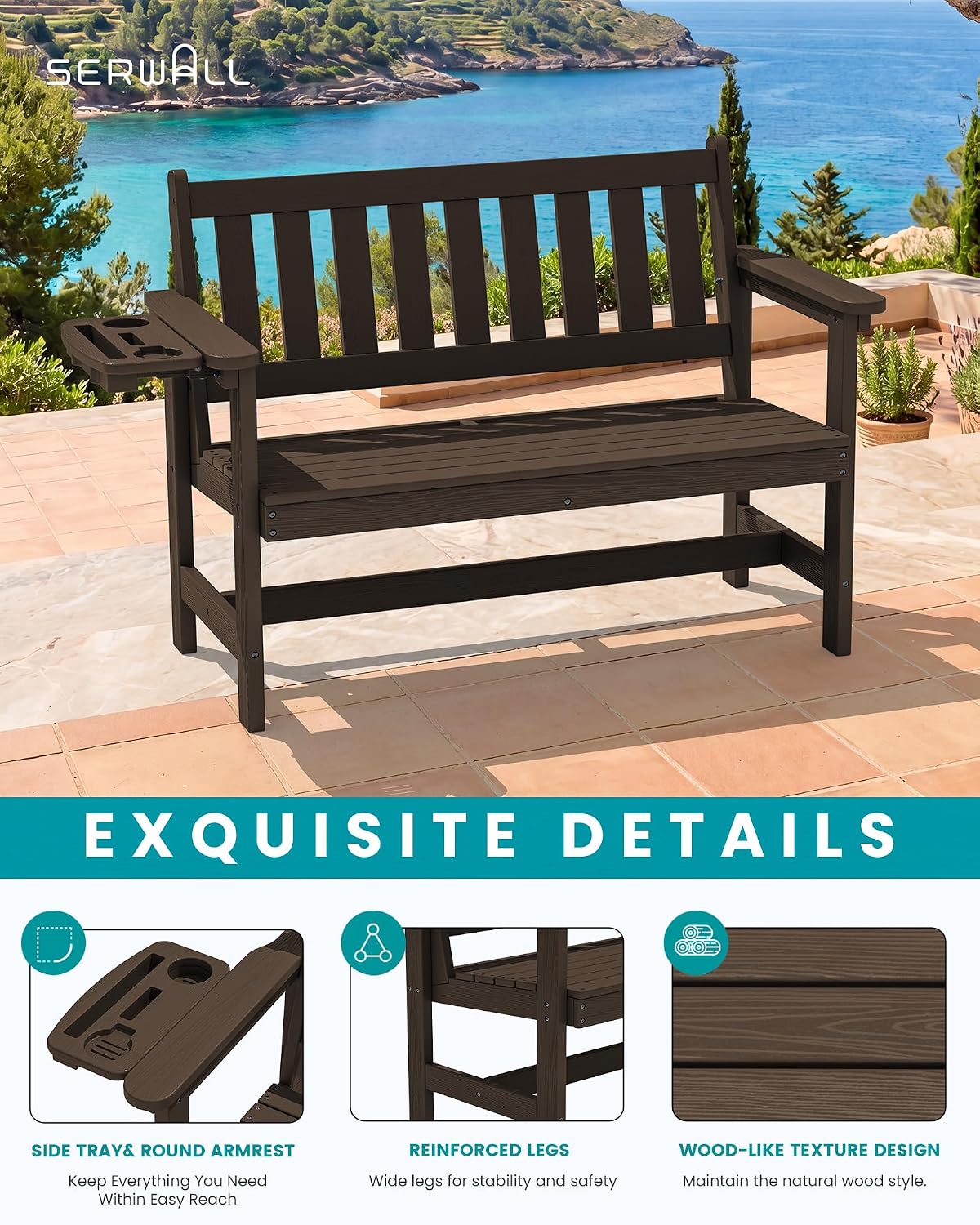 SERWALL HDPE Outdoor Storage Bench, Deck Box with Waterproof Storage Bags | All-Weather Benches | 57 Gallon Dual-Use Seat | Organizer Deck Boxes for Patio, Garden Tools & Pool | Dark Black