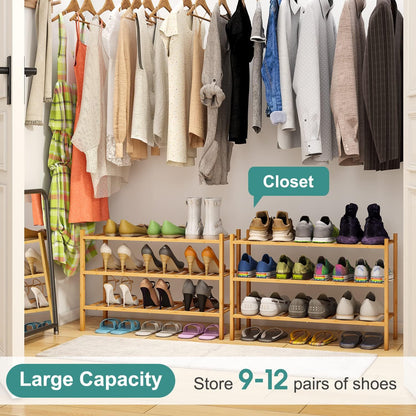 viewcare 3-Tier Black Bamboo Shoe Rack for Entryway, Stackable | Foldable | Natural, Shoe Shelf Storage Organizer for Hallway Closet, Free Standing Shoe Racks for Indoor Outdoor