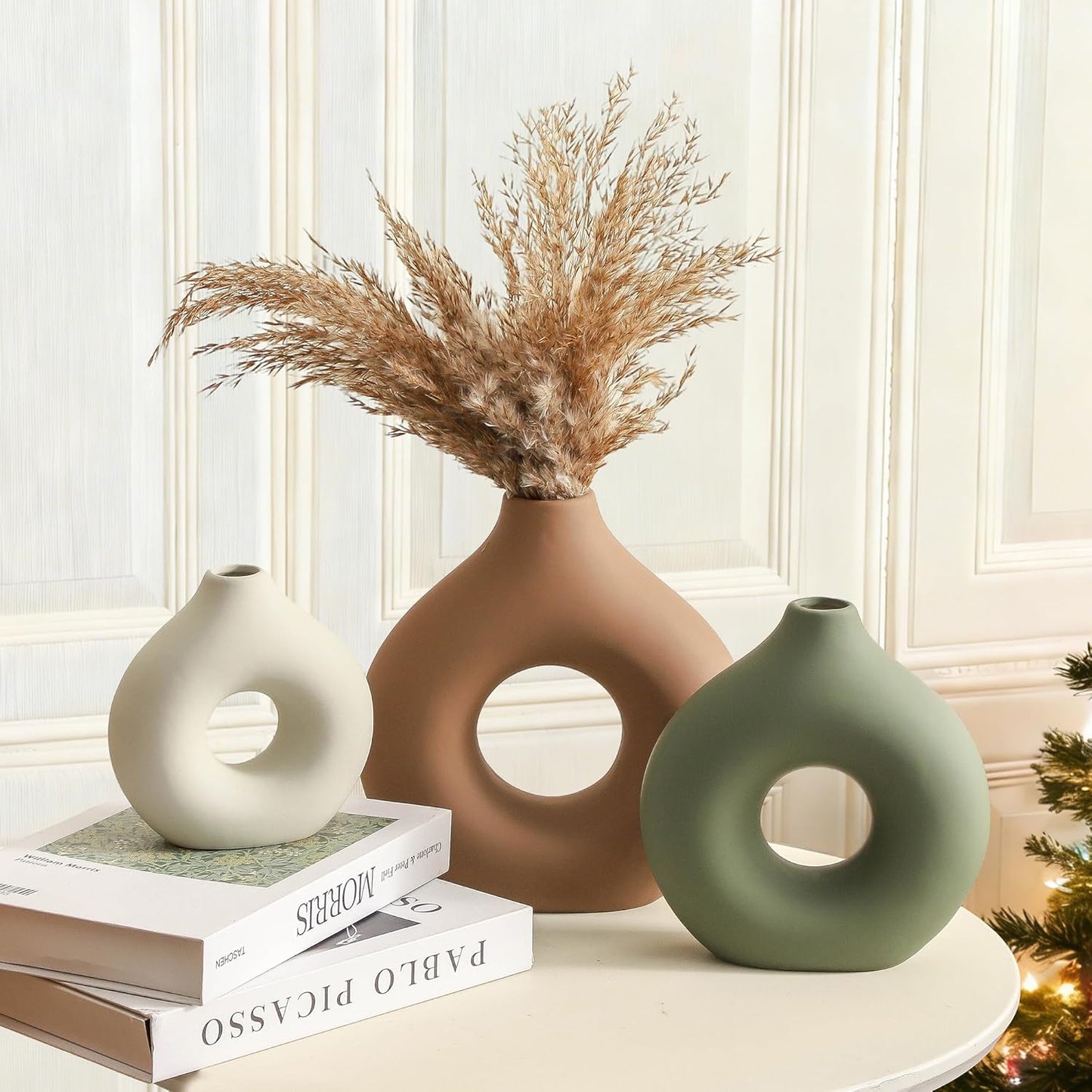 Vanselia Ceramic Vase Home Table Decor - Flower Vases Set of 3 Small Living Room Centerpiece Decorations for Shelf Bedroom Office Kitchen Dining Desk Modern Aesthetic Farmhouse Decorative (Classic)
