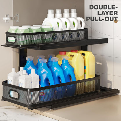 2 Pack 18.5IN-Depth Under Sink Organizer With Next-Gen Ball-Bearing Slides,2-Tier Precision Mesh Pull Out Cabinet Storage for Bathroom&Kitchen,Height Adjustable Drawers Shelf,Anti-rust-White