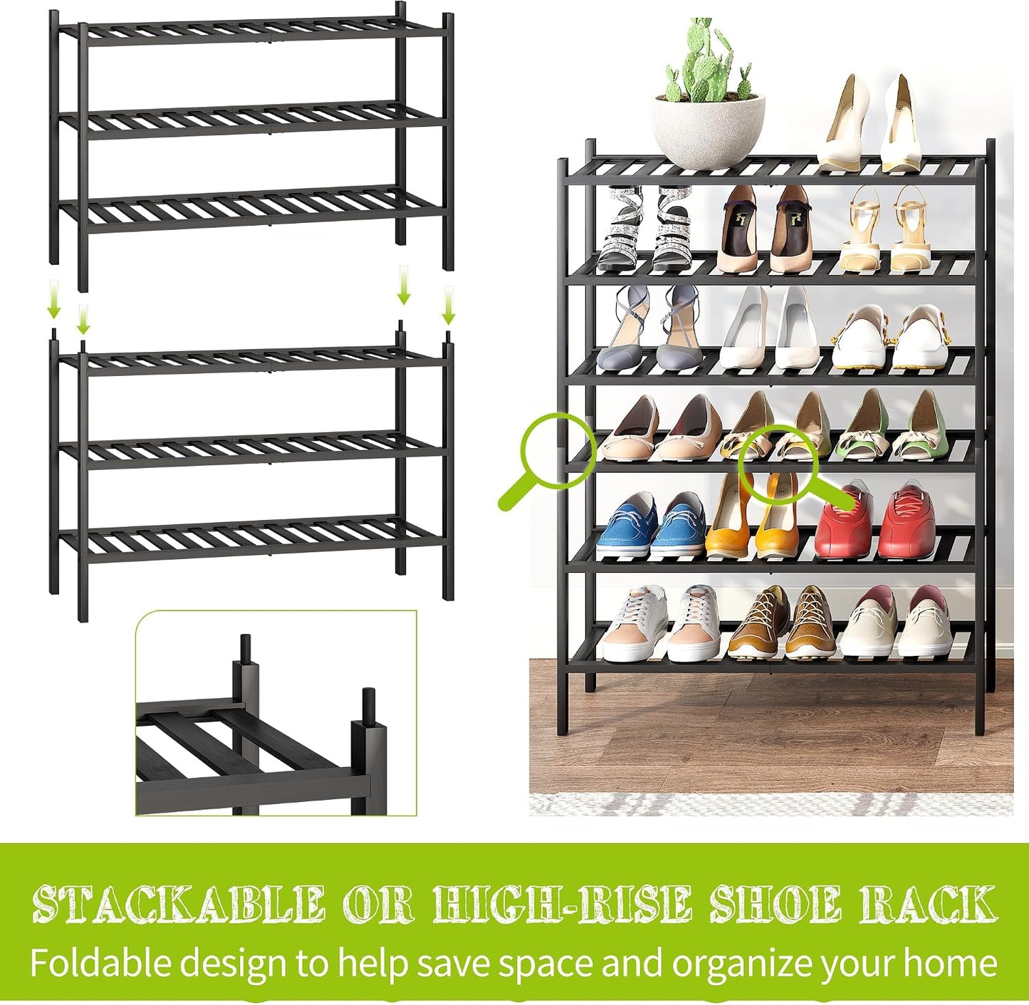 BMOSU 2-Tier Bamboo Small Shoe Rack Premium Stackable Shoe Shelf Storage Organizer for Hallway Closet Living Room Entryway Organizer (Black Bamboo)