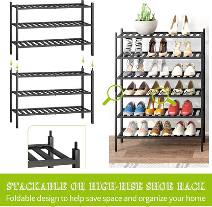 BMOSU 2-Tier Bamboo Small Shoe Rack Premium Stackable Shoe Shelf Storage Organizer for Hallway Closet Living Room Entryway Organizer (Black Bamboo)
