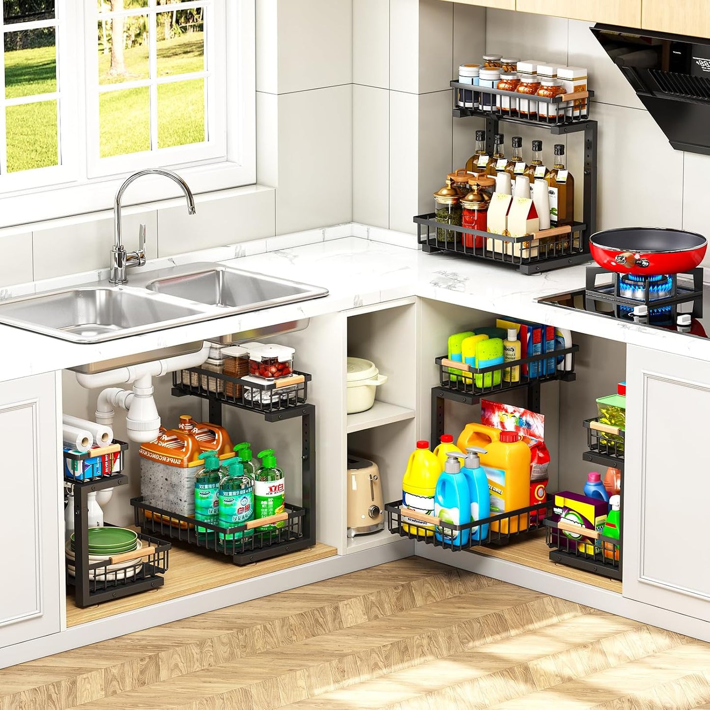 Under Sink Organizer, Pull Out Kitchen Storage Cabinet Organizer, 2-Tier Metal Slide Out Shelf for Bathroom Laundry Kitchen Storage with Drawers, 11.8"W x 15.9"D x 13.8-16.9"H, White, 2 Pack