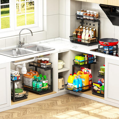 Under Sink Organizer, Pull Out Kitchen Storage Cabinet Organizer, 2-Tier Metal Slide Out Shelf for Bathroom Laundry Kitchen Storage with Drawers, 11.8"W x 15.9"D x 13.8-16.9"H, White, 2 Pack
