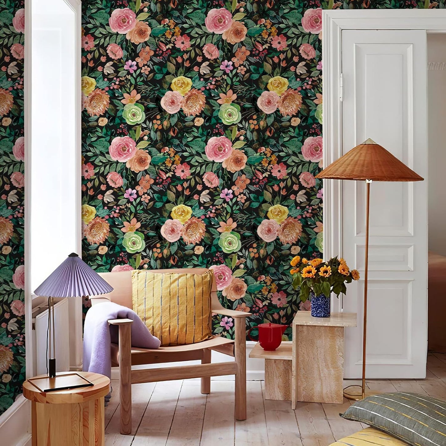 Simon&Siff Floral Peel and Stick Wallpaper, 17.3" x 120" Self Adhesive Wallpaper Boho Flower Kitchen Cabinets Furniture Decorative Renter Friendly Wall Paper