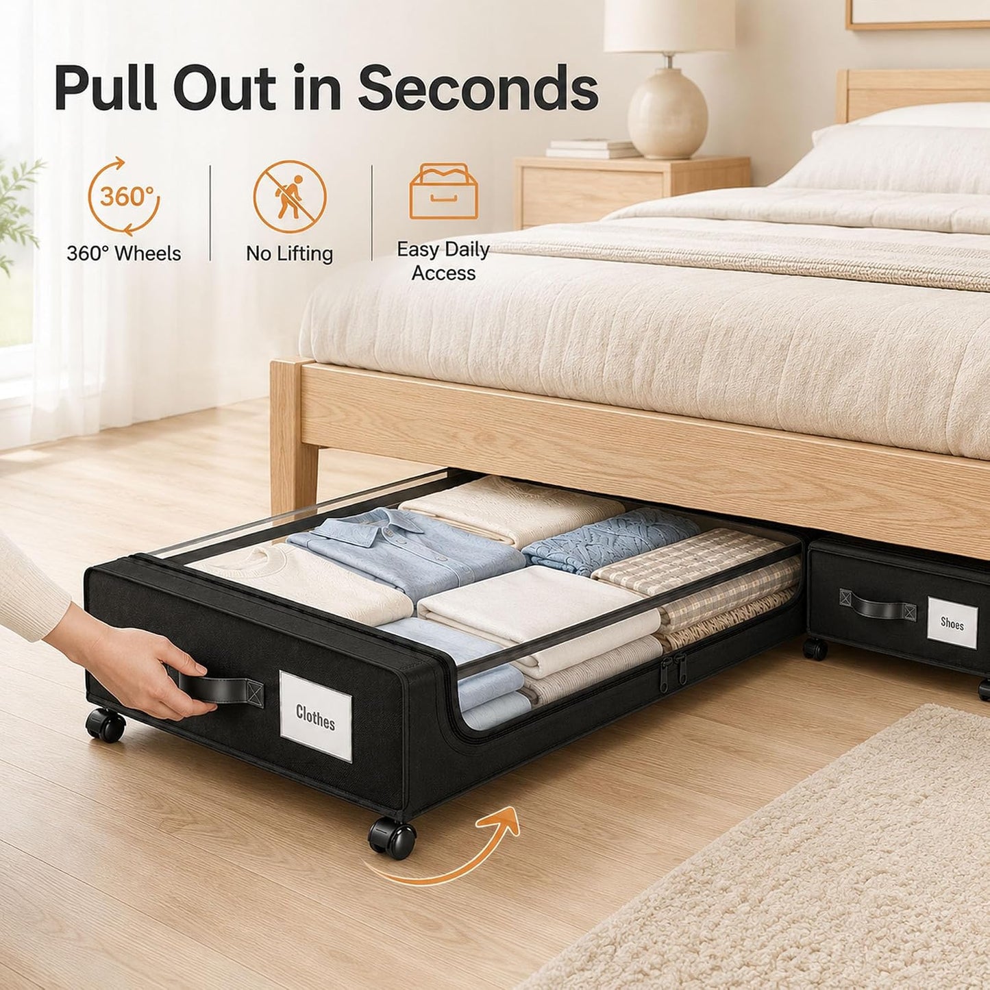 Camkey® Under Bed Storage with 360° Wheels, 2-Pack, 60L Low-Profile Rolling Underbed Bins for Clothes, Shoes, Toys & Books,Easy Pull-Out, Dust Protection, Space-Saving Organizer for Bedroom/Dorm,Black