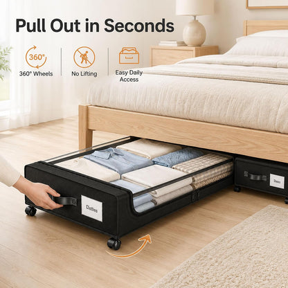 Camkey® Under Bed Storage with 360° Wheels, 2-Pack, 60L Low-Profile Rolling Underbed Bins for Clothes, Shoes, Toys & Books,Easy Pull-Out, Dust Protection, Space-Saving Organizer for Bedroom/Dorm,Black
