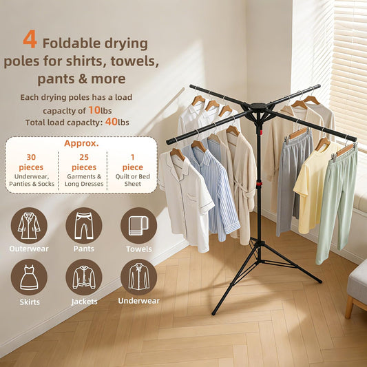 Clothes Drying Rack Foldable, Laundry Drying Rack Collapsible Space-Saving Tripod Clothing Drying Stand for Indoor/Outdoor with Folding Button, Height Adjustable