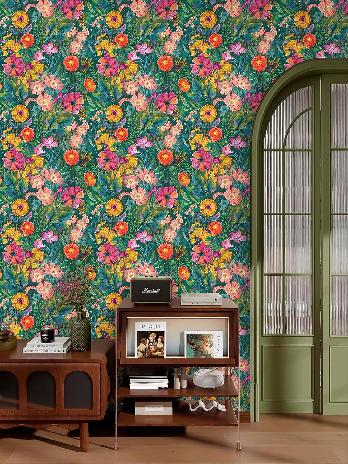 HAOKHOME Peel and Stick Wallpaper Floral Renter Friendly Wall Paper Green/Purple/Pink for Bathroom Kitchen Contact Paper 17.3in x 9.8ft