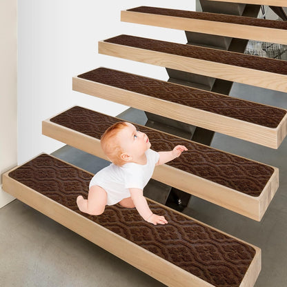 15 Pack 8 "X 30" Non-Slip Carpet Stair Treads for Indoor Wooden Steps, Made of Polyester and Reusable Adhesive, Suitable for Kids Elders and Pets（Black Lines）