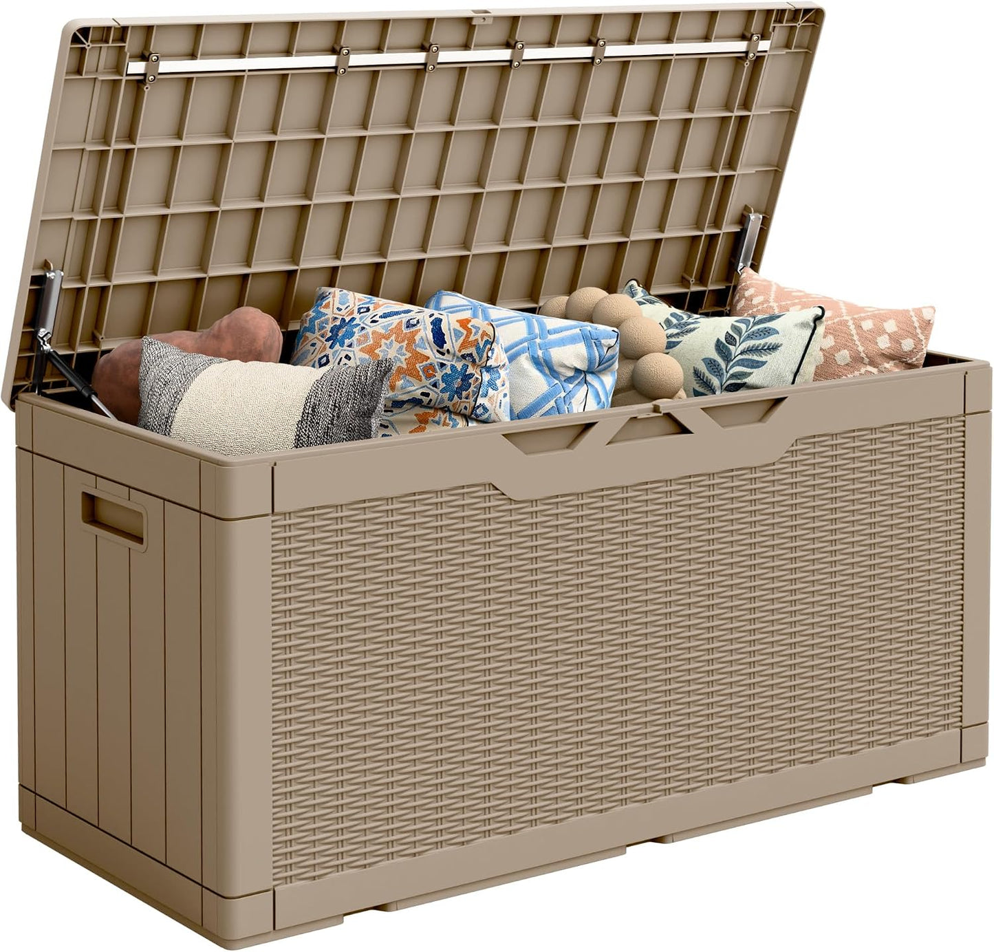 Flamaker Outdoor Storage Box 80 Gallon Resin Waterproof Deck Box Delivery Box with Wood Texture Large Storage Bin for Patio Cushions, (Grey)