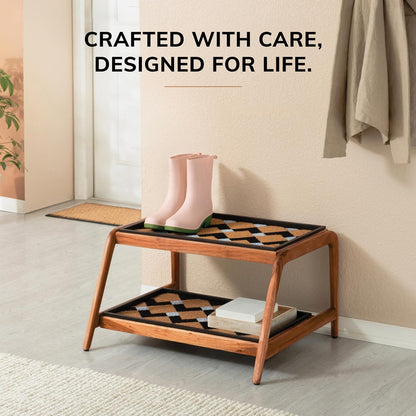 Anji Mountain Heavy Duty Waterproof Wooden Shoe Storage Mat Organizer/Boot Storage Tray Multi Use for Entryway with Coir, Tan Rectangle Embossed Insert, 1 Tier, Fits 2 Pair (26.5" Wide)
