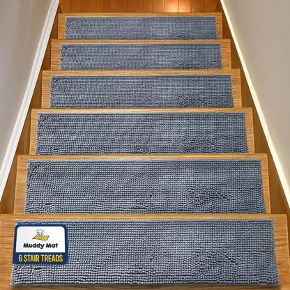 Muddy Mat® Pack of 4 - Soft Chenille Stair Treads Non-Slip Reusable, Super Absorbent Stair Treads for Wooden Steps, Tile & Marble Floor, Easy to Install & Machine Washable - Brown 30'' x 7''