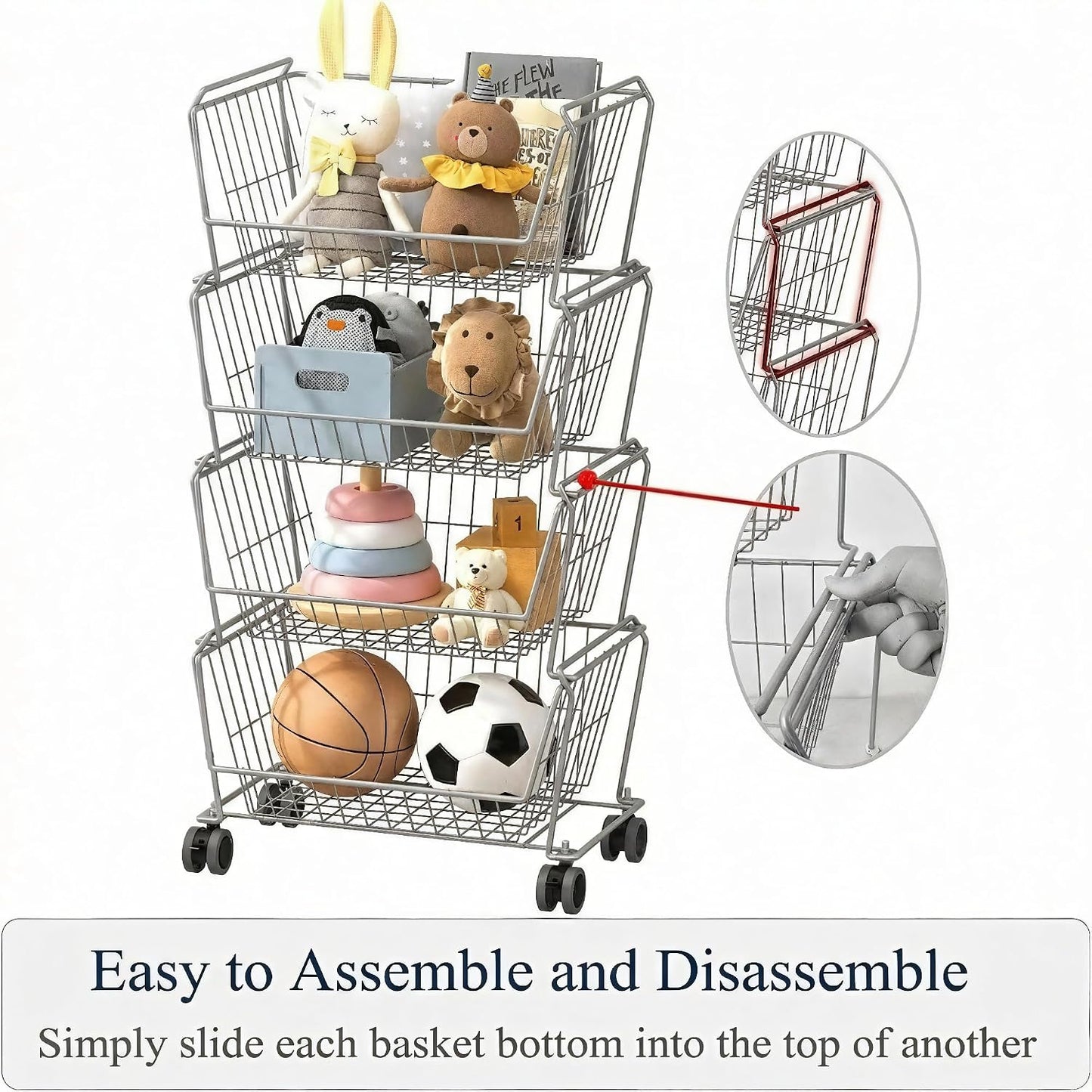 PUSDON 6-Tier Tall Stackable Wire Storage Baskets with Wheels, Vertical Metal Rolling Utility Cart, High Capacity Produce Basket for Kitchen Pantry, Snack Organizer, Matte Black