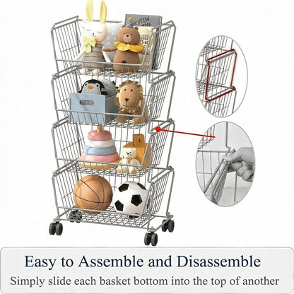 PUSDON 6-Tier Tall Stackable Wire Storage Baskets with Wheels, Vertical Metal Rolling Utility Cart, High Capacity Produce Basket for Kitchen Pantry, Snack Organizer, Matte Black