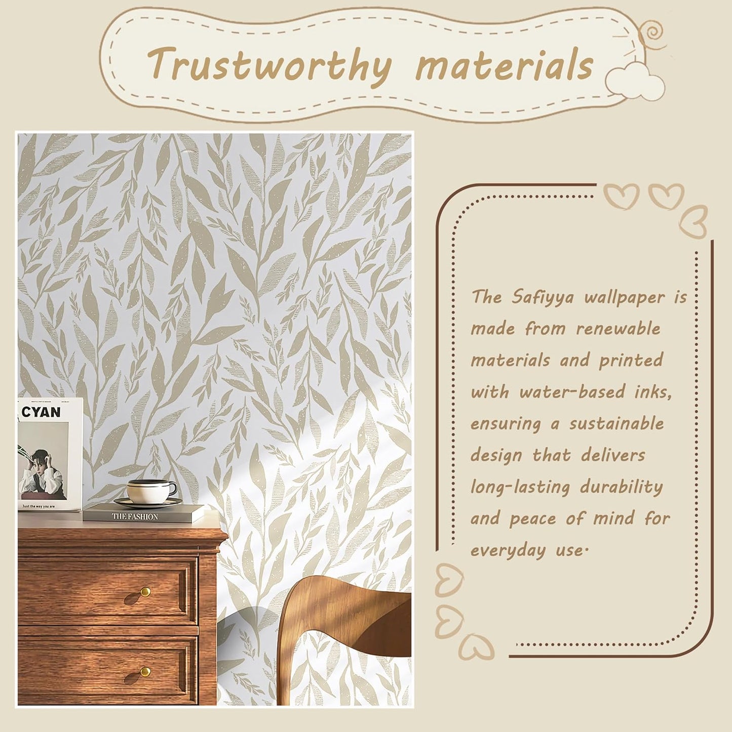 Safiyya Peel and Stick Wallpaper Boho Modern Beige Leaf Contact Paper Peel and Stick Wall Paper Self Adhesive Removable Wallpaper for Bedroom Bathroom Vinyl Roll 78.7"x17.3"