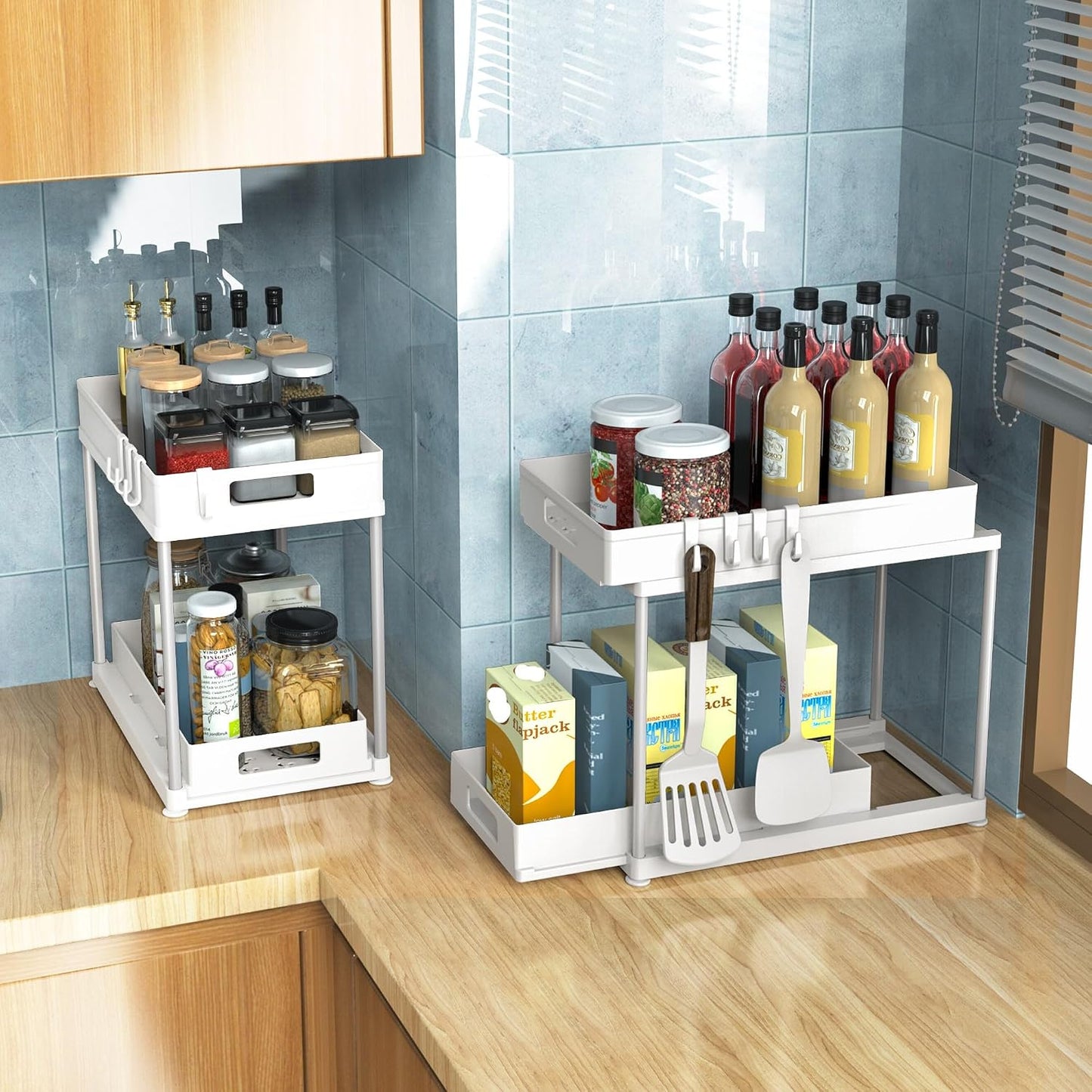 2 Pack Under Sink Organizer with Pull-Out Drawer, Black | 2-Tier Cabinet Storage, Kitchen & Bathroom, Tool-Free Assembly, Fits Cleaning Supplies & Toiletries, Space Saving