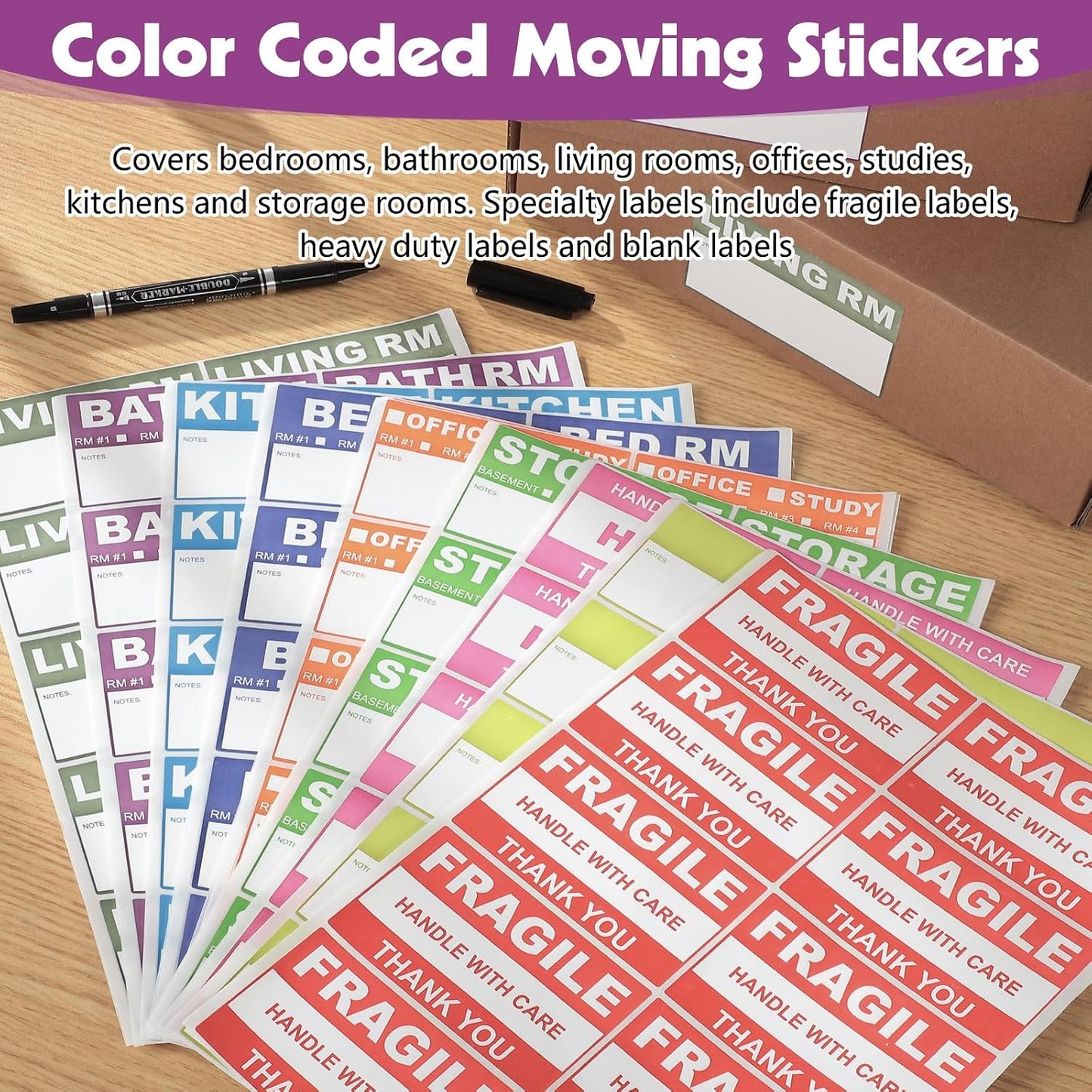 200 Count Removable Moving Labels, 3.4 x 2 in, 9 Colors with Pen | Waterproof Synthetic Paper, Writable, Tear Resistant, Color Coded Room Labels, Fragile/Heavy/Blank, Residue-Free Removal