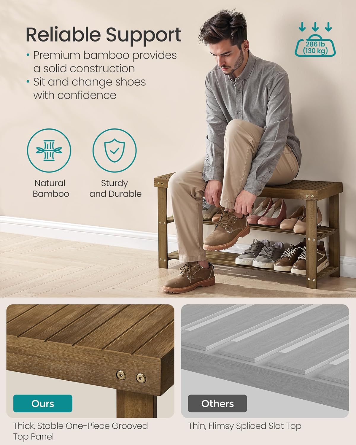 SONGMICS Shoe Rack Bench, 3-Tier Bamboo Shoe Storage Organizer, Entryway Bench, Holds Up to 286 lb, 11.3 x 27.6 x 17.8 Inches, for Entryway Bathroom Bedroom, Ink Black ULBS04H