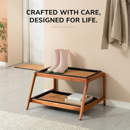 Anji Mountain Heavy Duty Waterproof Wooden Shoe Storage Mat Organizer/Boot Storage Tray Multi Use for Entryway with Coir, Tan Rectangle Embossed Insert, 1 Tier, Fits 2 Pair (26.5" Wide)