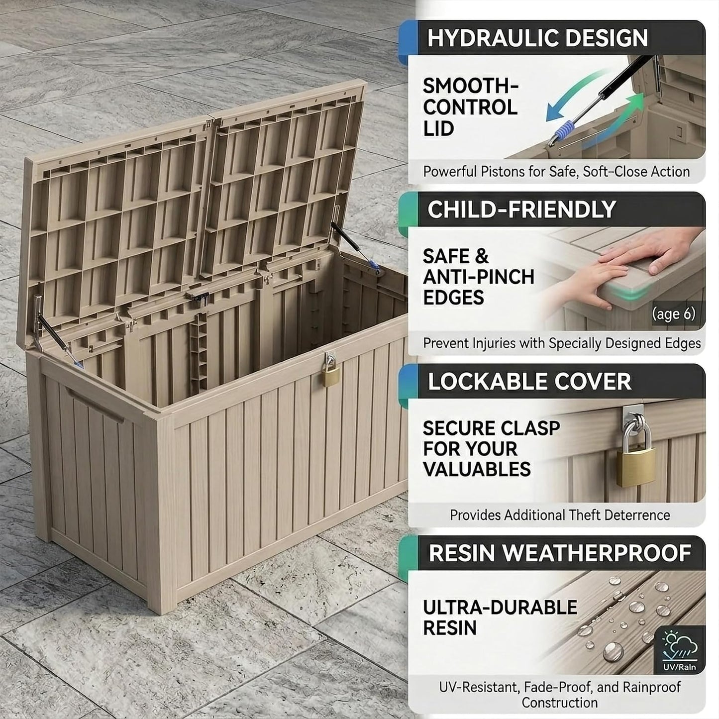 270 Gallon Lockable Resin Outdoor Storage Box, Waterproof & Weather Resistant Deck Box for Patio Cushion, Garden Tools & Pool Accessories, Black