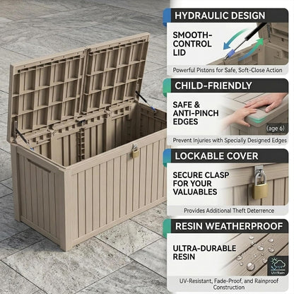 270 Gallon Lockable Resin Outdoor Storage Box, Waterproof & Weather Resistant Deck Box for Patio Cushion, Garden Tools & Pool Accessories, Black