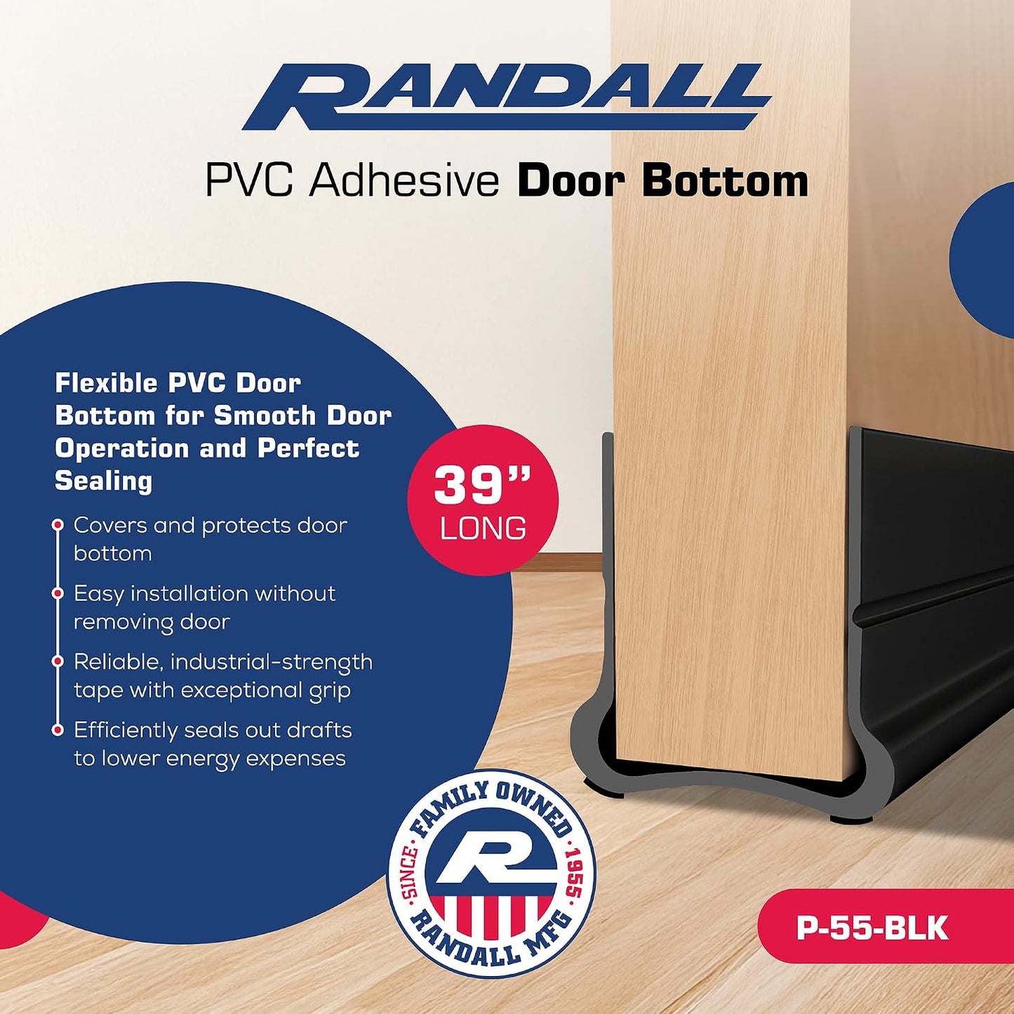 Flexible Adhesive PVC Door Bottom – 39” Long | Fits Standard 1 3/4” Doors | Self Stick Under Door Draft Stopper | Weather Stripping Seal for Noise, Dust, Air & Bug Protection (White, 39" Long)