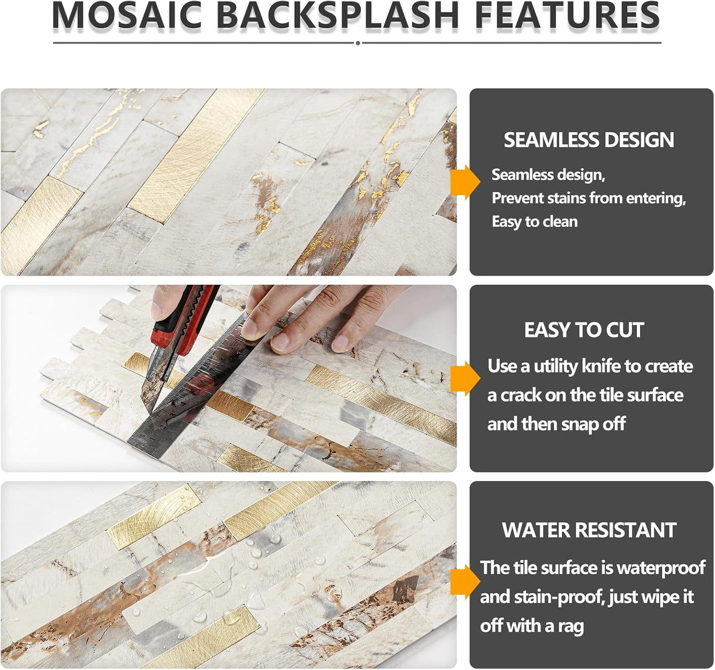 STICKGOO 20 Sheets Peel and Stick Backsplash Tile, Stick on Backsplash for Kitchen and Bathroom, White Sandstone Look PVC Mixed Metal Gold Self Adhesive Wall Tiles
