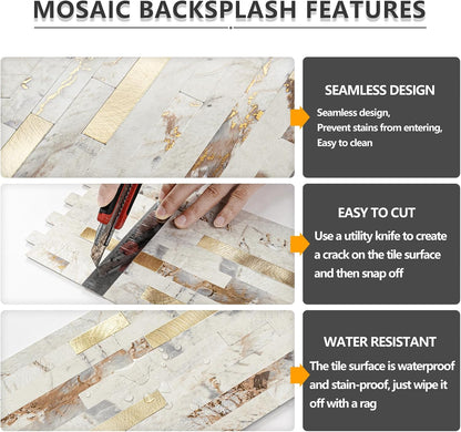 STICKGOO 20 Sheets Peel and Stick Backsplash Tile, Stick on Backsplash for Kitchen and Bathroom, White Sandstone Look PVC Mixed Metal Gold Self Adhesive Wall Tiles