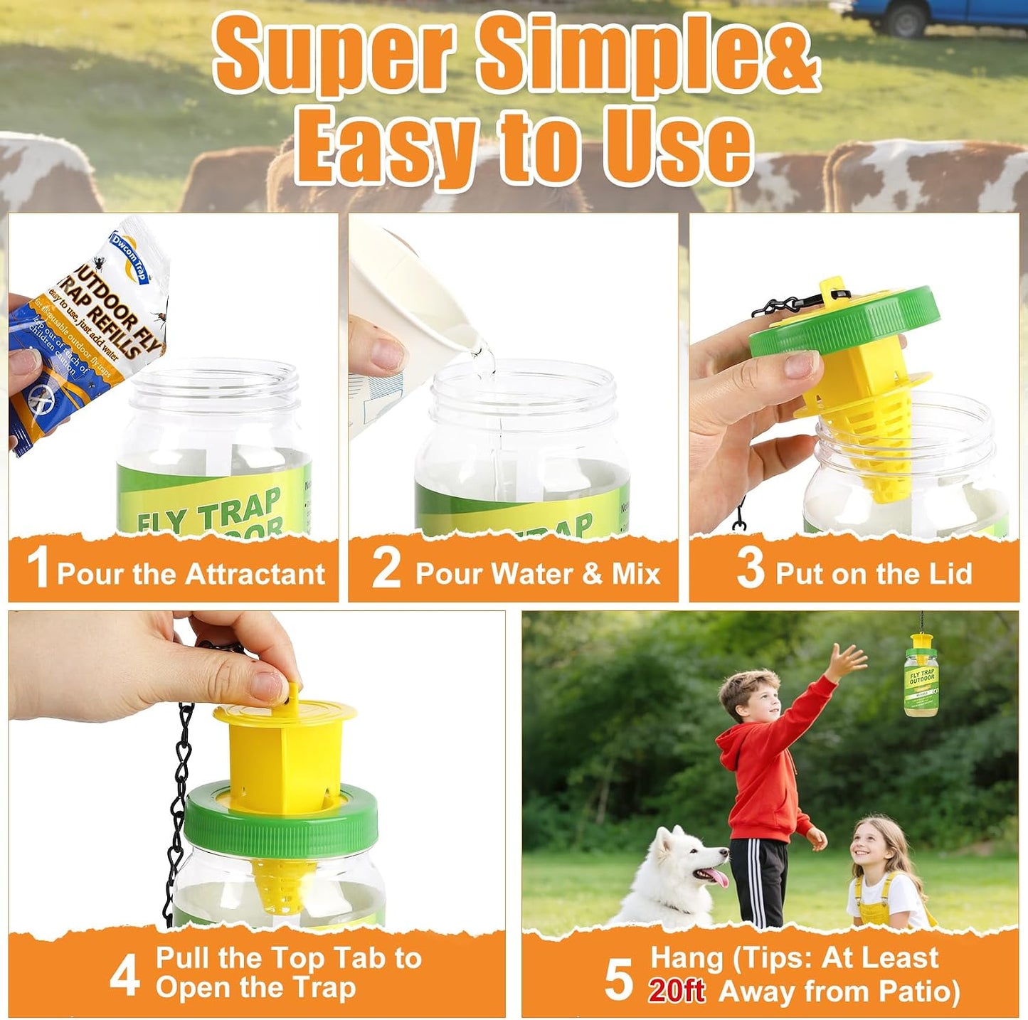 3 Pack Fly Traps Outdoor with 6 Natural Bait Refills | Reusable Hanging Fly Catcher for Patio, Garden, Orchard, Yard, Ranch and Horse Farm
