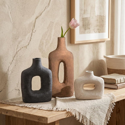 DREAMLOOM Ceramic Vase Set of 3, Modern Rustic Flower Vases for Pampas Grass, Dried & Fresh Flowers, Farmhouse Home Decor Vase for Living Room Bedroom Kitchen Shelf Centerpiece, Classic
