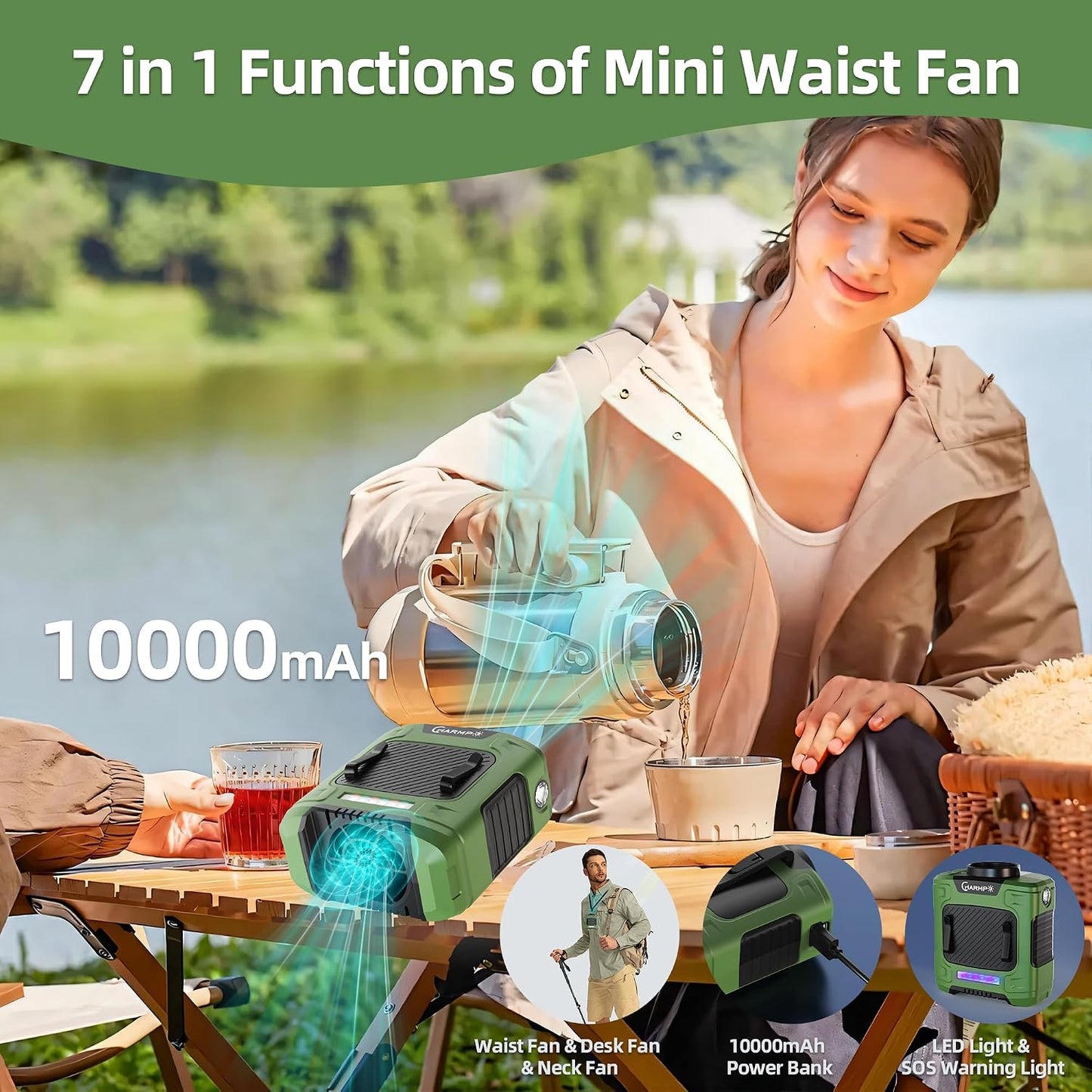 Waist Clip Fan - 5000mAh Rechargeable Portable Personal Fan, 39ft/s Ultra-Strong Wind, 29H Runtime, 5 Speeds, LED & SOS Light, for Outdoor, Camping, Hiking, Construction