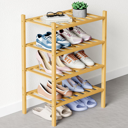 Smiry Bamboo Shoe Rack for Closet, 3 Tier Wooden Shoe Organizer, Stackable Wood Shoe Storage Shelf for Entryway, 14 Vertical Slats, One-piece Heavy-Duty Legs, 26.77"x11.02"x18.31", Natural