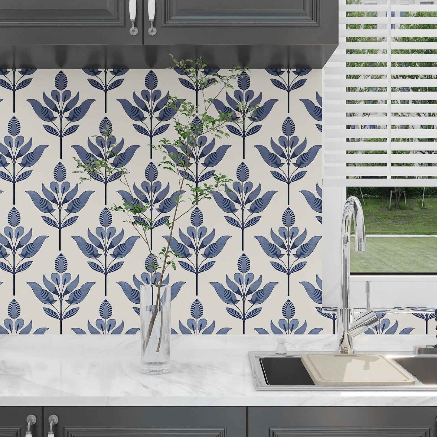 BOKEBEVE Leaves Contact Paper Floral Wallpaper Stick and Peel Boho Damask Wall Paper for Liner Drawer Cabinet Backsplash Renter Friendly Waterproof 17.5 x 118In