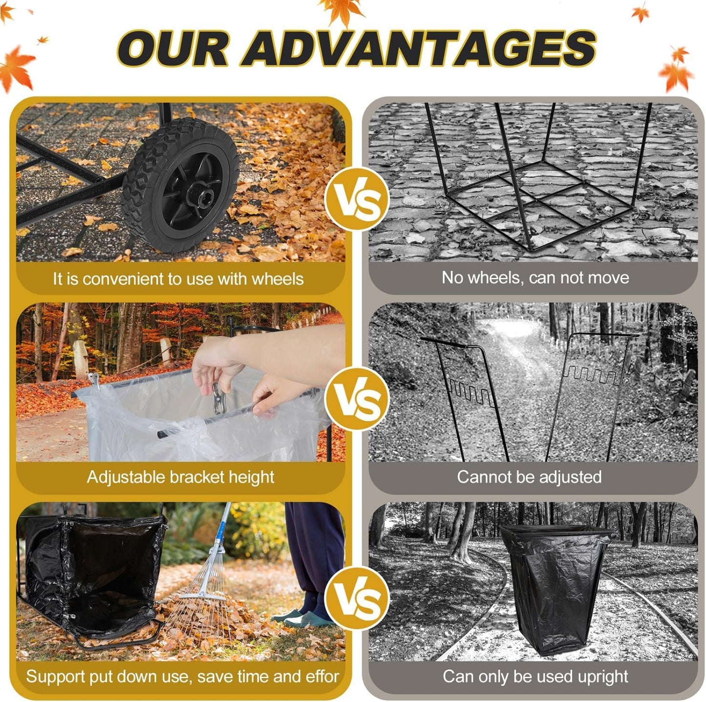 Portable Trash Bag Holder with Wheel, Adjustable 30-45 Gallon Outdoor Leaf Bag Stand, Durable Trash Bag Rack, for Yard, Lawn Cleanup, Gardening, Camping & Parties
