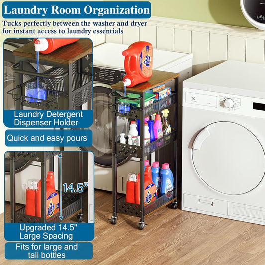 OKZEST Slim Laundry Room Organization Cart with Detergent Dispenser Holder | 4-Tier narrow rolling cart for small space, Holds tall bottles, Upgraded metal hub casters, Premium wood & metal mesh shelves