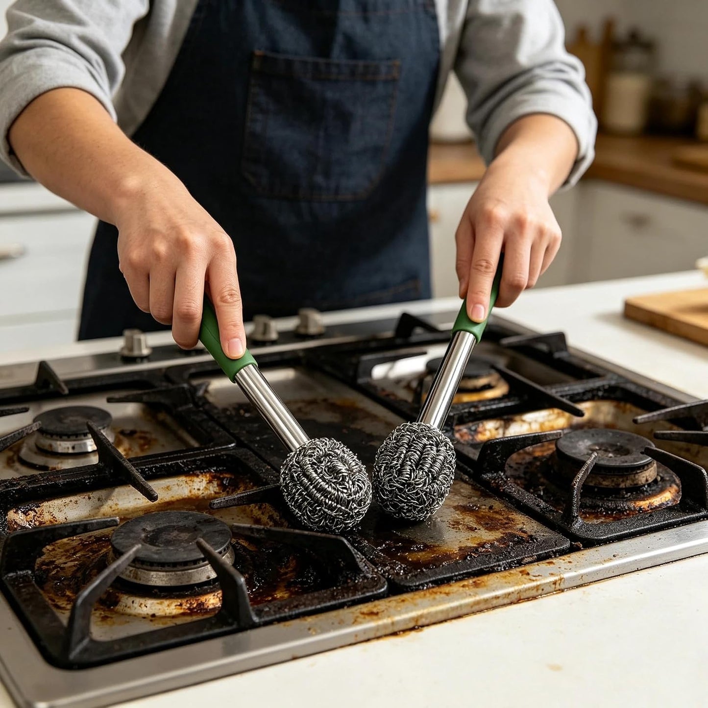 2PCS Steel Wool Scrubber with Handle Rustproof, Cast Iron Scrubber, Stubborn Messes Pot Brush, Remove Dirt for Cleaning Stoves,Sinks Dishes Grills Bowls & Metal Wire Sponge for Kitchens