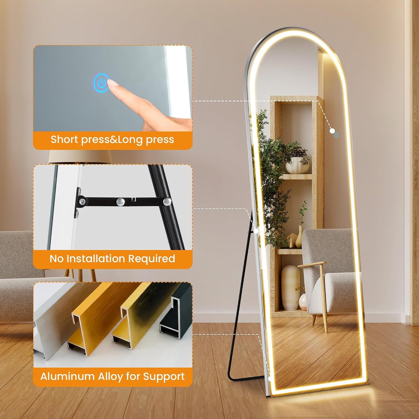 Arched Mirror Full Length, Upgraded 16"x59" Body Wall Mirrors with Shatter-Proof Glass, Floor Standing, Hanging or Leaning, Tall Arch Mirror with Stand Aluminum Alloy Frame for Bedroom, Black