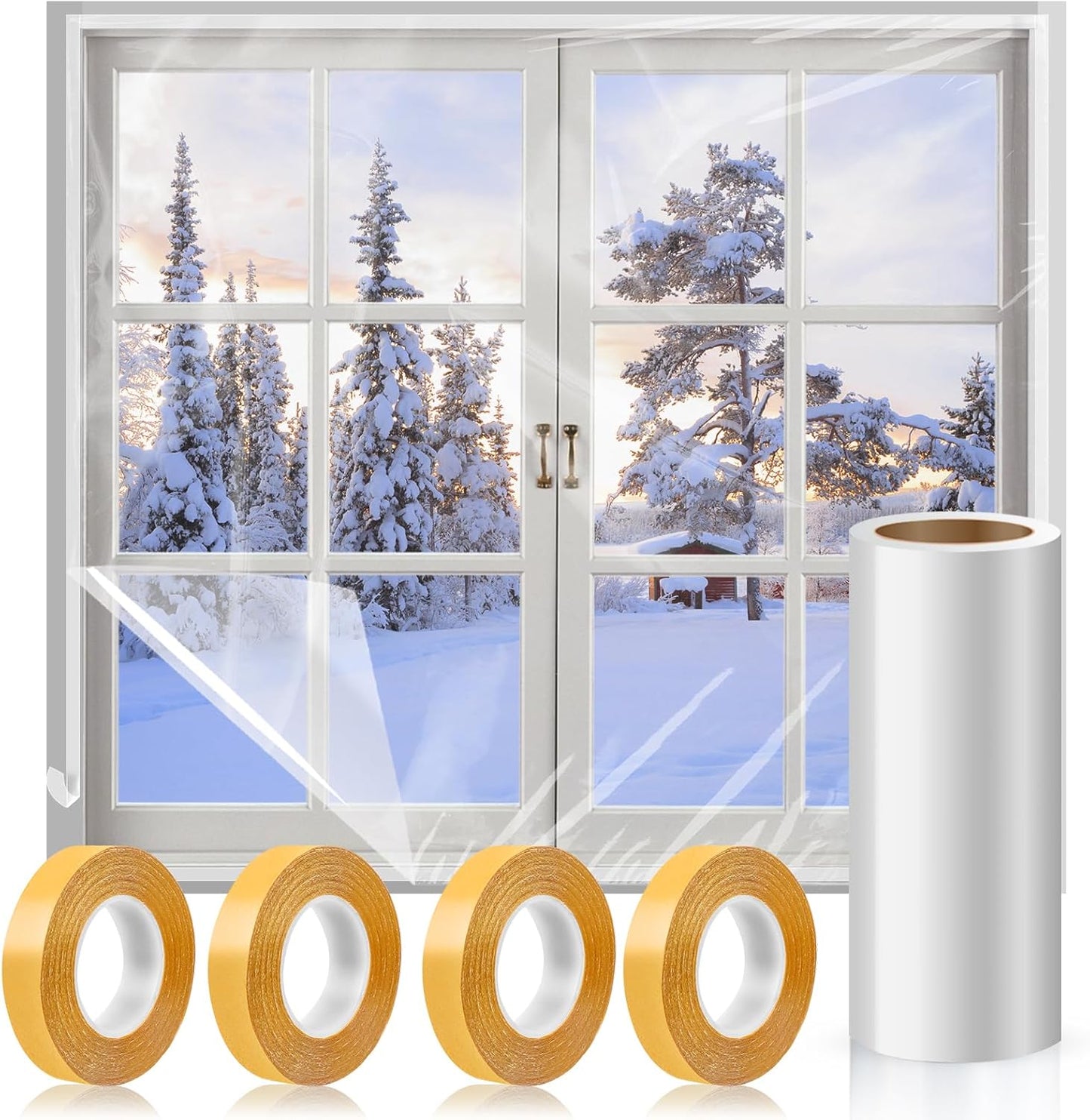 Window Insulation Kit, 63 × 394 Inch Plastic Window Coverings for Winter, Thicken Window Shrink Film Insulator Kit Windows Waterproof Winterizing with 5 Double-Sided Tape for 10 Pcs 3 x 5 Ft Windows
