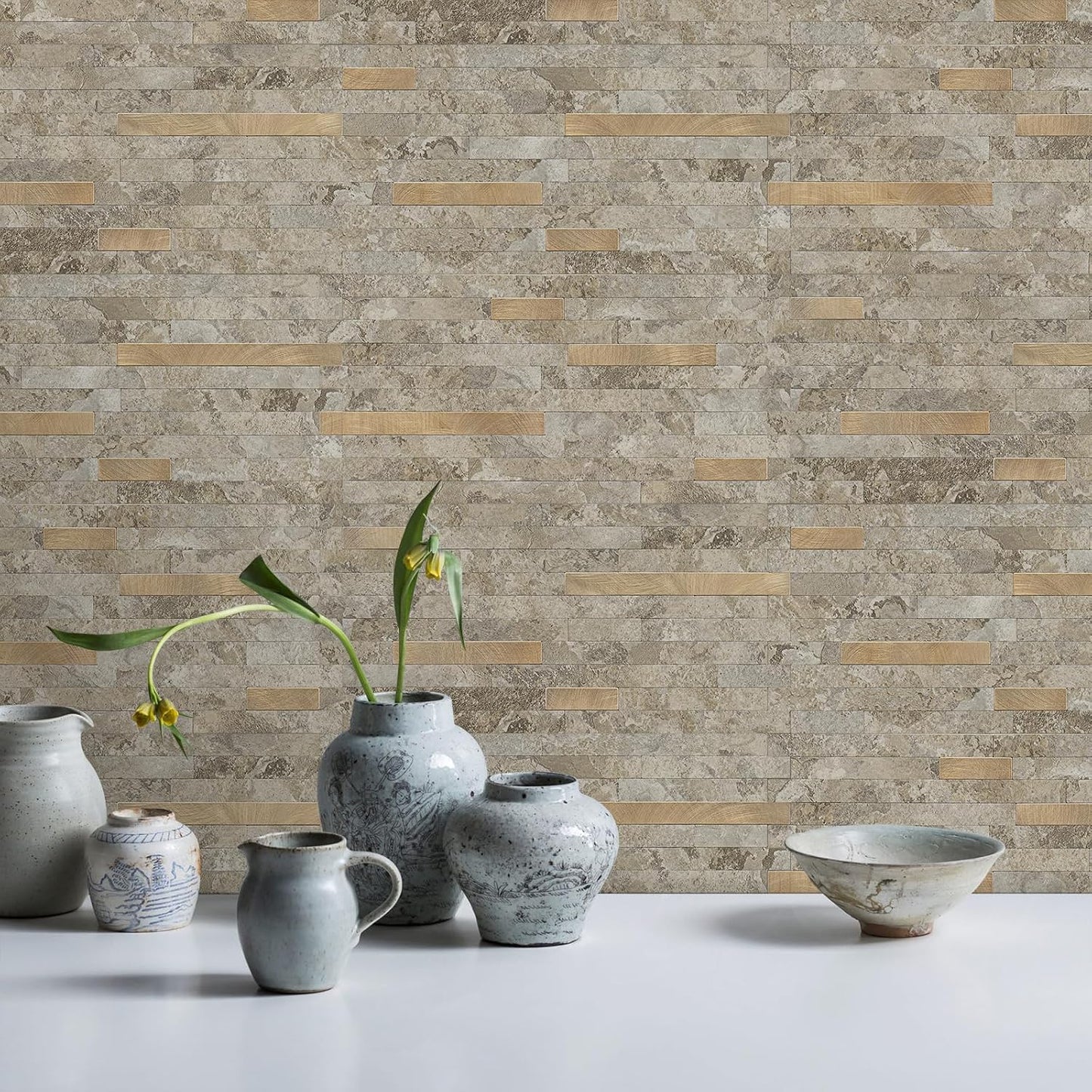 STICKGOO 20 Sheets Peel and Stick Backsplash Tile, Stick on Backsplash for Kitchen and Bathroom, White Sandstone Look PVC Mixed Metal Gold Self Adhesive Wall Tiles