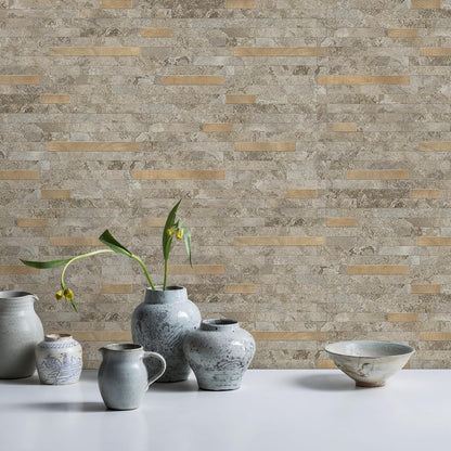 STICKGOO 20 Sheets Peel and Stick Backsplash Tile, Stick on Backsplash for Kitchen and Bathroom, White Sandstone Look PVC Mixed Metal Gold Self Adhesive Wall Tiles