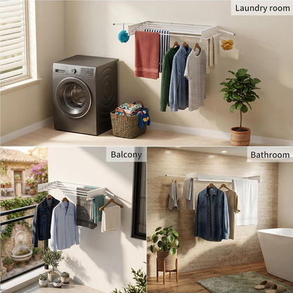 Wall Mounted Drying Rack, 31.5" Foldable Laundry Drying Rack, 60lbs Capacity, Retractable Clothes Drying Rack with Hooks, Space Saving Drying Rack for Laundry Room, Apartment