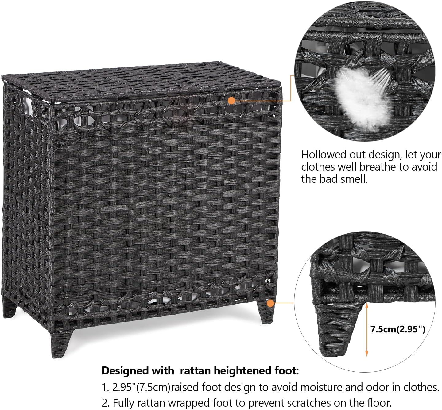 Laundry Hamper with 3 Removable Liner Bags; 132L Handwoven Rattan Laundry Basket with Lid & Heightened Feet; Clothes Hamper with Side Handles; Laundry Sorter with 3 Separate Sections